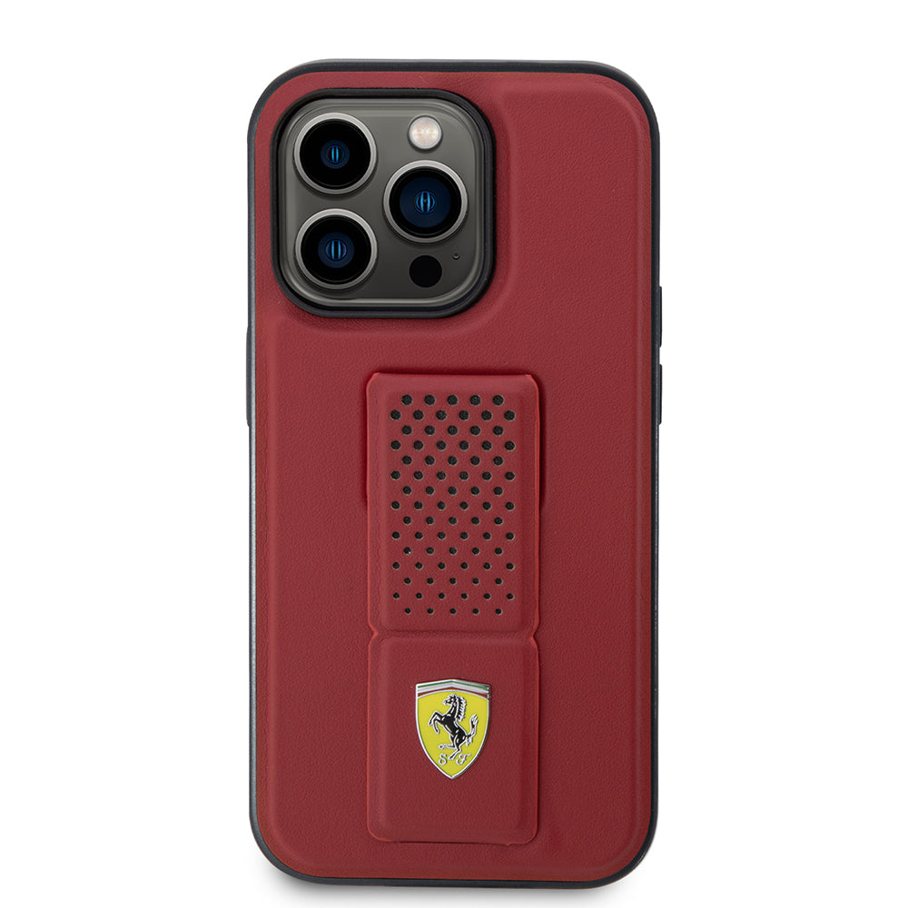 Apple iPhone 14 Pro Max Kılıf Ferrari Orjinal Lisanlı Klasik Metal Logolu Delikli  Standlı Deri Kapak Kırmızı
