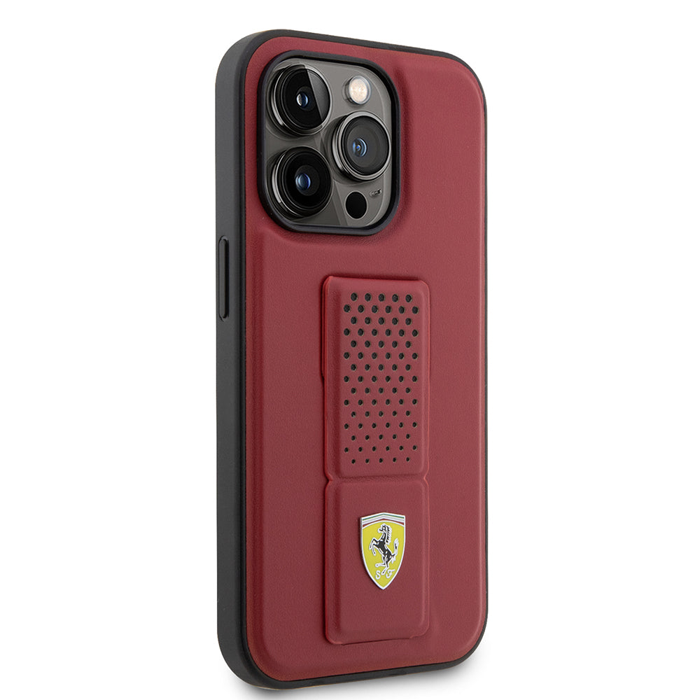 Apple iPhone 14 Pro Max Kılıf Ferrari Orjinal Lisanlı Klasik Metal Logolu Delikli  Standlı Deri Kapak Kırmızı