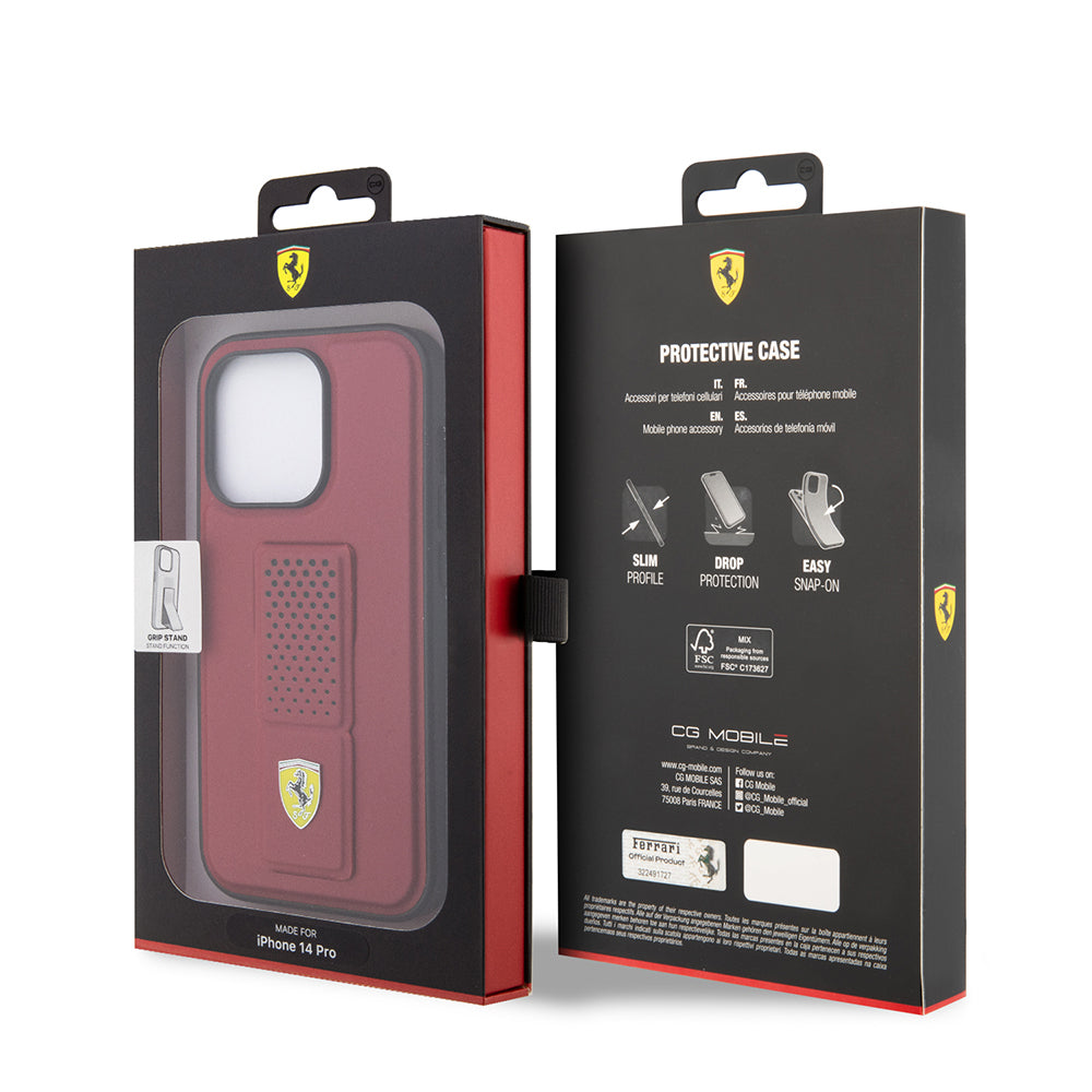 Apple iPhone 14 Pro Max Kılıf Ferrari Orjinal Lisanlı Klasik Metal Logolu Delikli  Standlı Deri Kapak Kırmızı