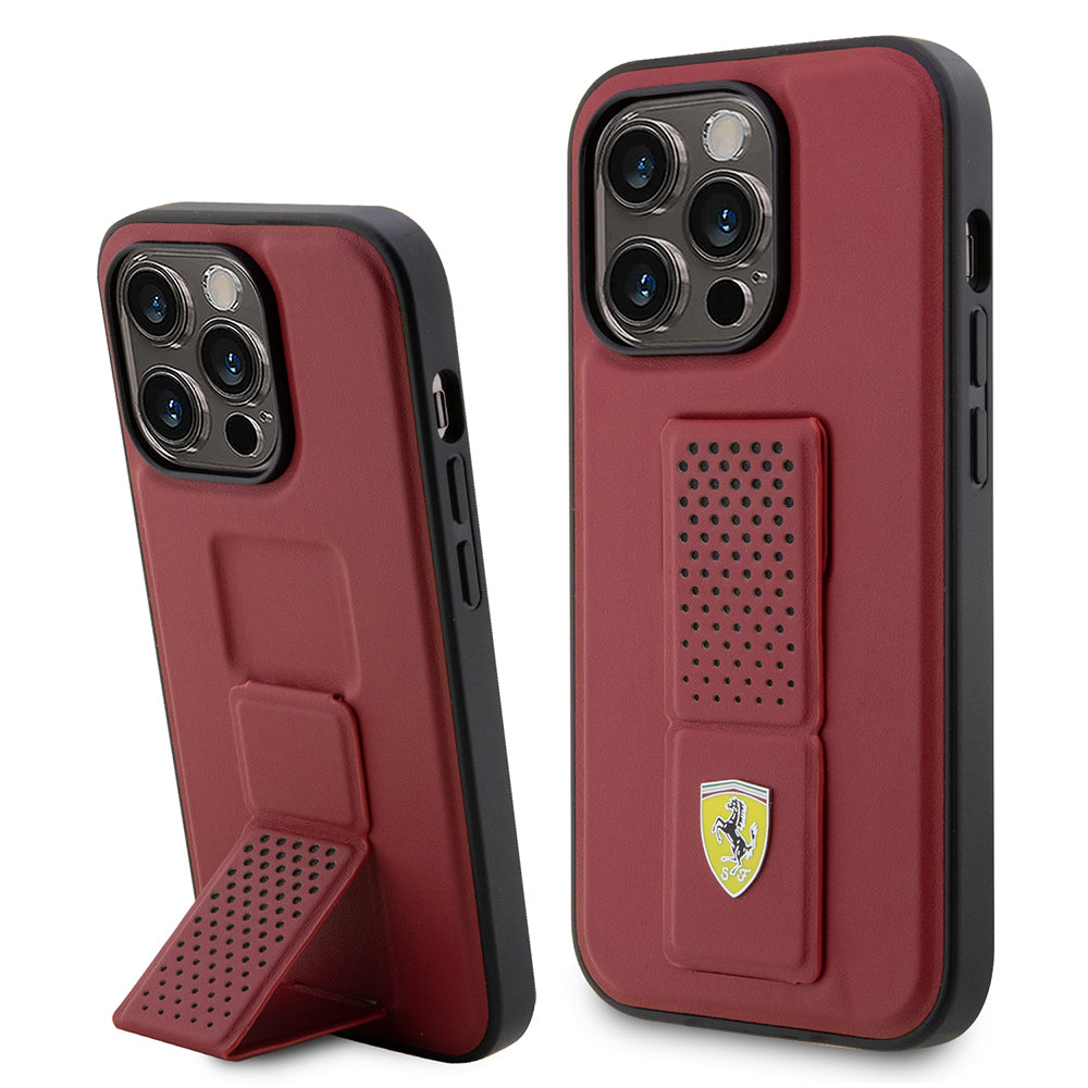 Apple iPhone 14 Pro Max Kılıf Ferrari Orjinal Lisanlı Klasik Metal Logolu Delikli  Standlı Deri Kapak Kırmızı
