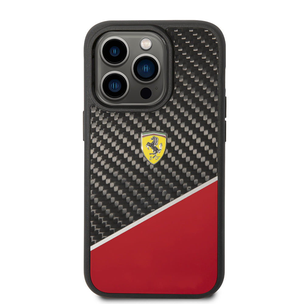 Apple iPhone 14 Pro Max Kılıf Ferrari Orjinal Lisanlı Klasik Metal Logolu Karbon Şerit Desenli Kapak Siyah
