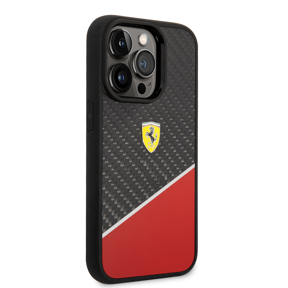 Apple iPhone 14 Pro Max Kılıf Ferrari Orjinal Lisanlı Klasik Metal Logolu Karbon Şerit Desenli Kapak Siyah