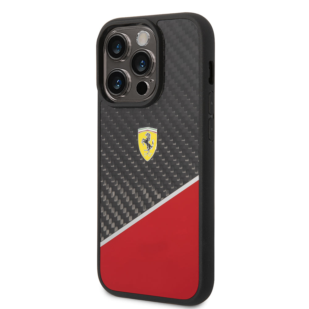 Apple iPhone 14 Pro Max Kılıf Ferrari Orjinal Lisanlı Klasik Metal Logolu Karbon Şerit Desenli Kapak Siyah
