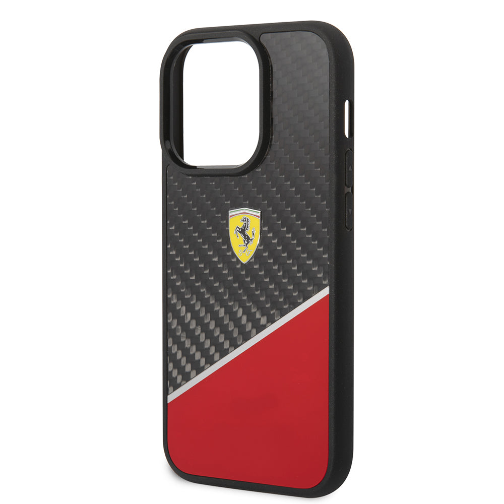 Apple iPhone 14 Pro Max Kılıf Ferrari Orjinal Lisanlı Klasik Metal Logolu Karbon Şerit Desenli Kapak Siyah