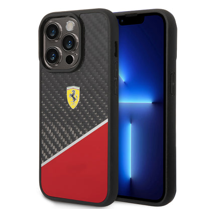 Apple iPhone 14 Pro Max Kılıf Ferrari Orjinal Lisanlı Klasik Metal Logolu Karbon Şerit Desenli Kapak Kırmızı