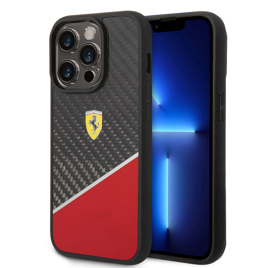 Apple iPhone 14 Pro Max Kılıf Ferrari Orjinal Lisanlı Klasik Metal Logolu Karbon Şerit Desenli Kapak Kırmızı