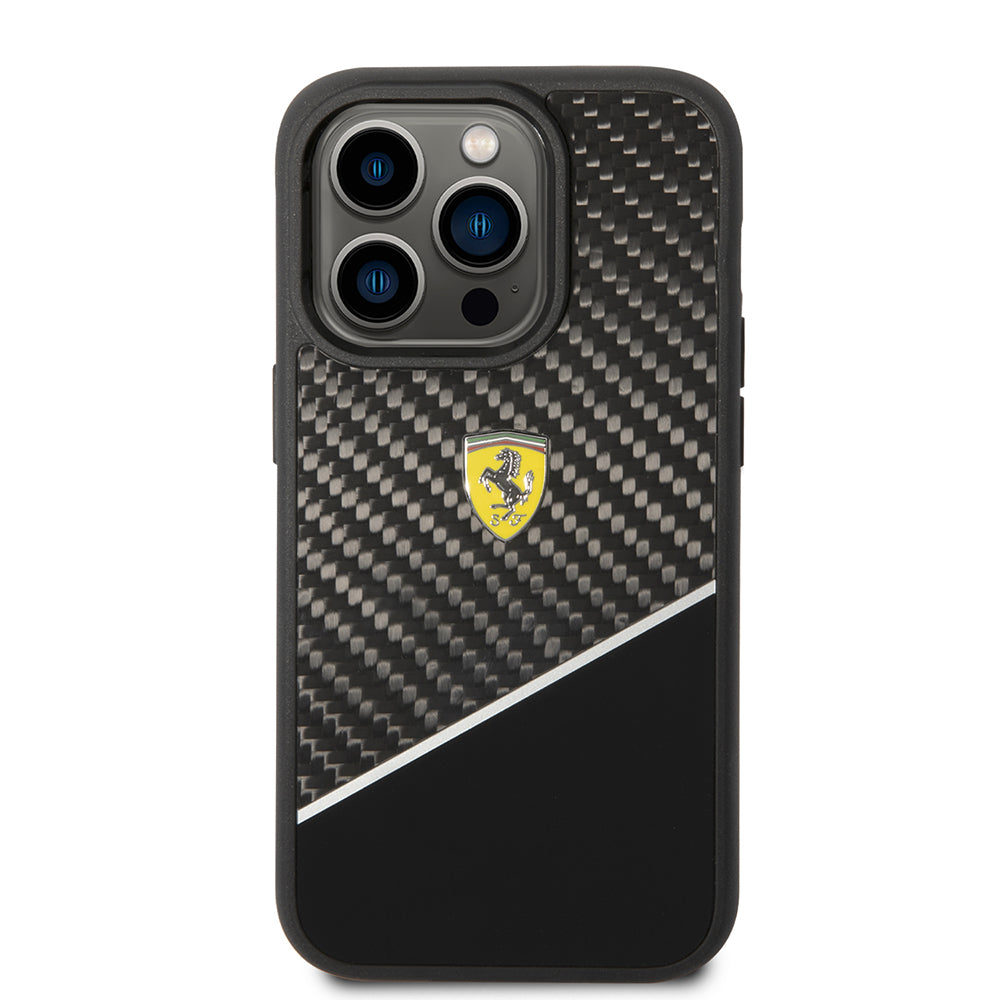 Apple iPhone 14 Pro Max Kılıf Ferrari Orjinal Lisanlı Klasik Metal Logolu Karbon Şerit Desenli Kapak Siyah