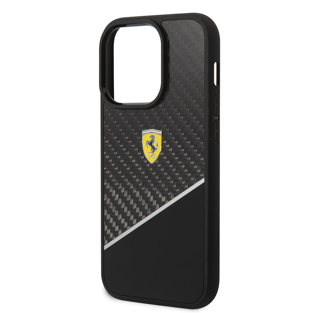 Apple iPhone 14 Pro Max Kılıf Ferrari Orjinal Lisanlı Klasik Metal Logolu Karbon Şerit Desenli Kapak Siyah