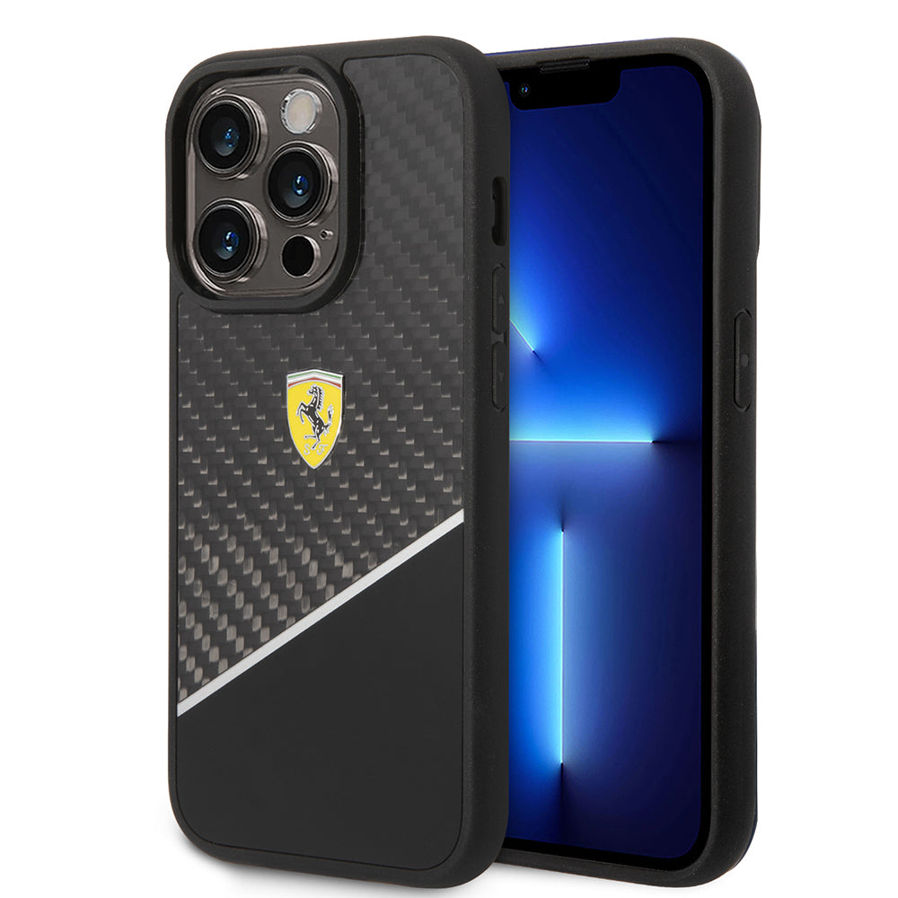 Apple iPhone 14 Pro Max Kılıf Ferrari Orjinal Lisanlı Klasik Metal Logolu Karbon Şerit Desenli Kapak Siyah