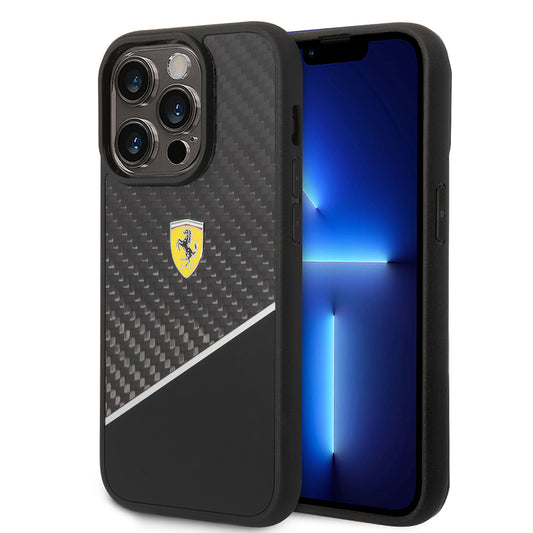 Apple iPhone 14 Pro Max Kılıf Ferrari Orjinal Lisanlı Klasik Metal Logolu Karbon Şerit Desenli Kapak Siyah