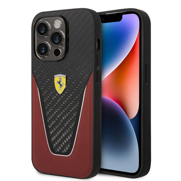 Apple iPhone 14 Pro Max Kılıf Ferrari Orjinal Lisanlı Klasik Metal Logolu Karbon V Desenli Kapak Kırmızı