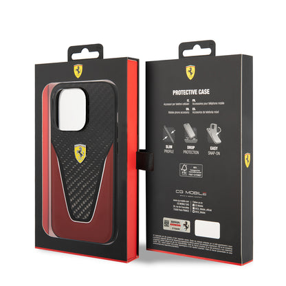 Apple iPhone 14 Pro Max Kılıf Ferrari Orjinal Lisanlı Klasik Metal Logolu Karbon V Desenli Kapak Kırmızı