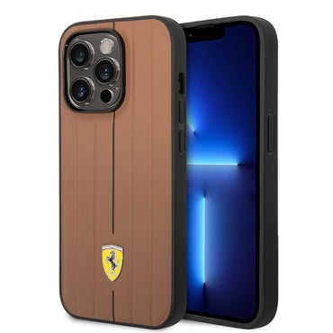 Apple iPhone 14 Pro Max Kılıf Ferrari Orjinal Lisanslı Deri Arka Yüzey Metal Logolu Şerit Tasarımlı Kapak Kahverengi