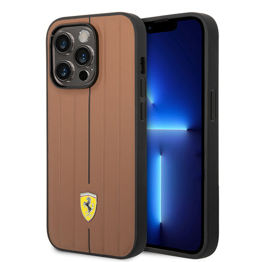 Apple iPhone 14 Pro Max Kılıf Ferrari Orjinal Lisanslı Deri Arka Yüzey Metal Logolu Şerit Tasarımlı Kapak Kahverengi