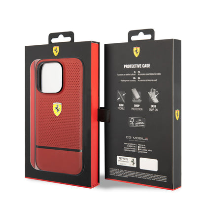 Apple iPhone 14 Pro Max Kılıf Ferrari Orjinal Lisanslı Deri Delikli Ve Çizgili Dizayn Kapak Kırmızı