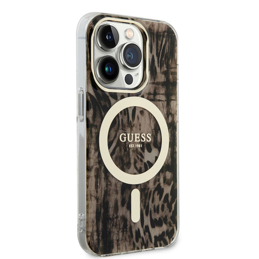 Apple iPhone 14 Pro Max Case GUESS M-safe Charging Feature Leopard Pattern Cover Brown