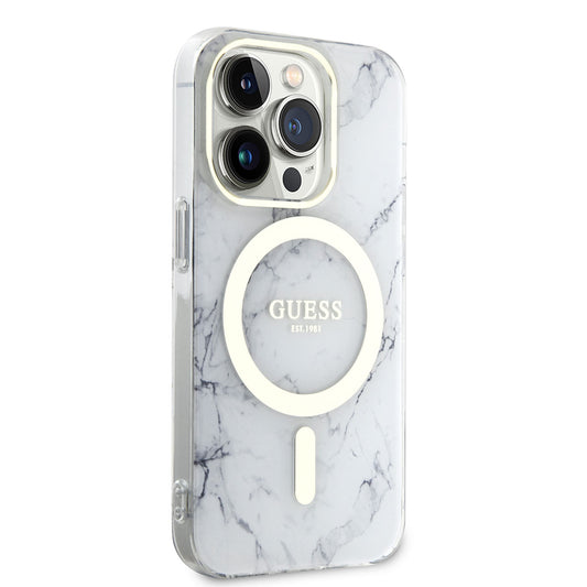 Apple iPhone 14 Pro Max Case GUESS M-safe Charging Feature Marble Pattern Cover White