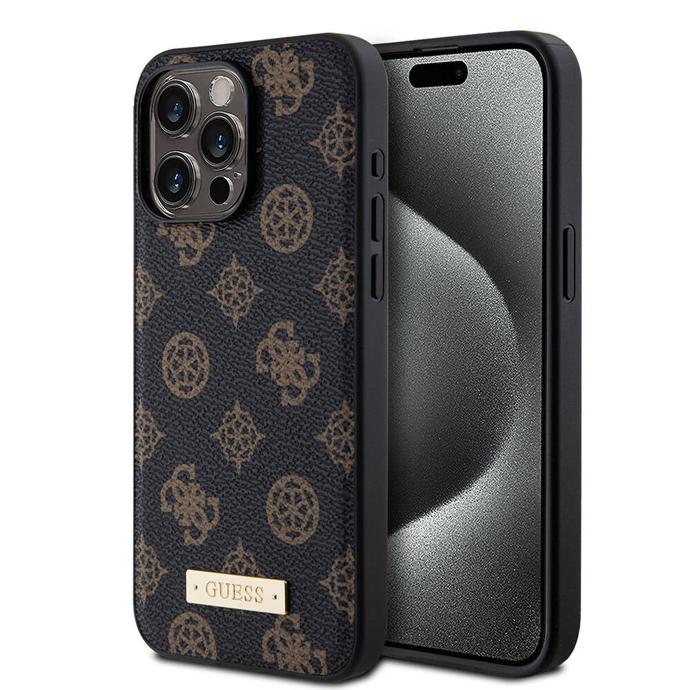 Apple iPhone 14 Pro Max Case Guess M-safe Charging Function PU Leather Patterned Metal Plate Logo Cover Black