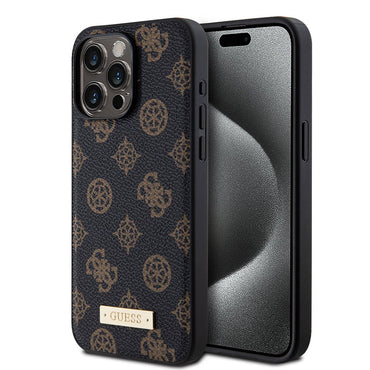 Apple iPhone 14 Pro Max Case Guess M-safe Charging Function PU Leather Patterned Metal Plate Logo Cover Black