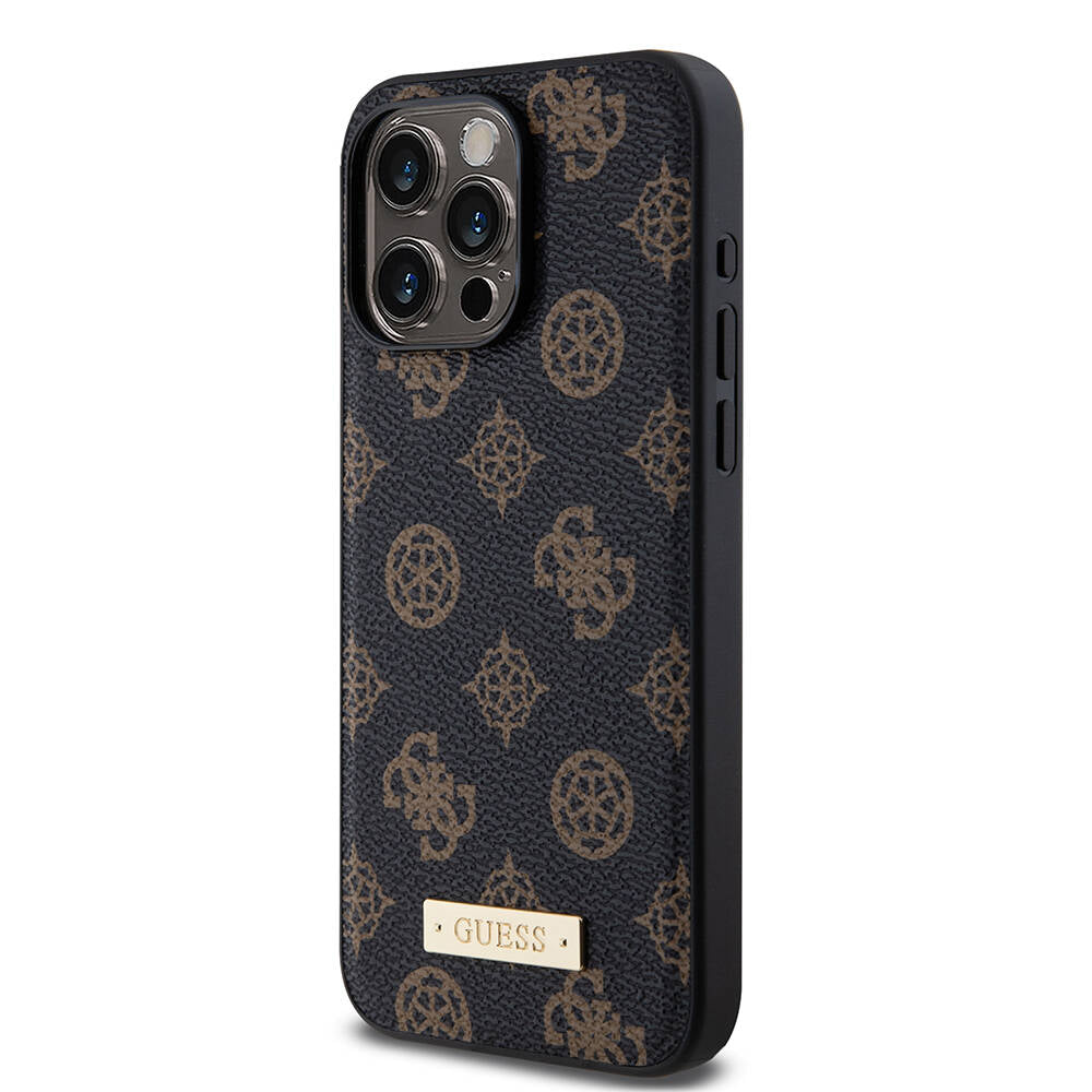 Apple iPhone 14 Pro Max Case Guess M-safe Charging Function PU Leather Patterned Metal Plate Logo Cover Black