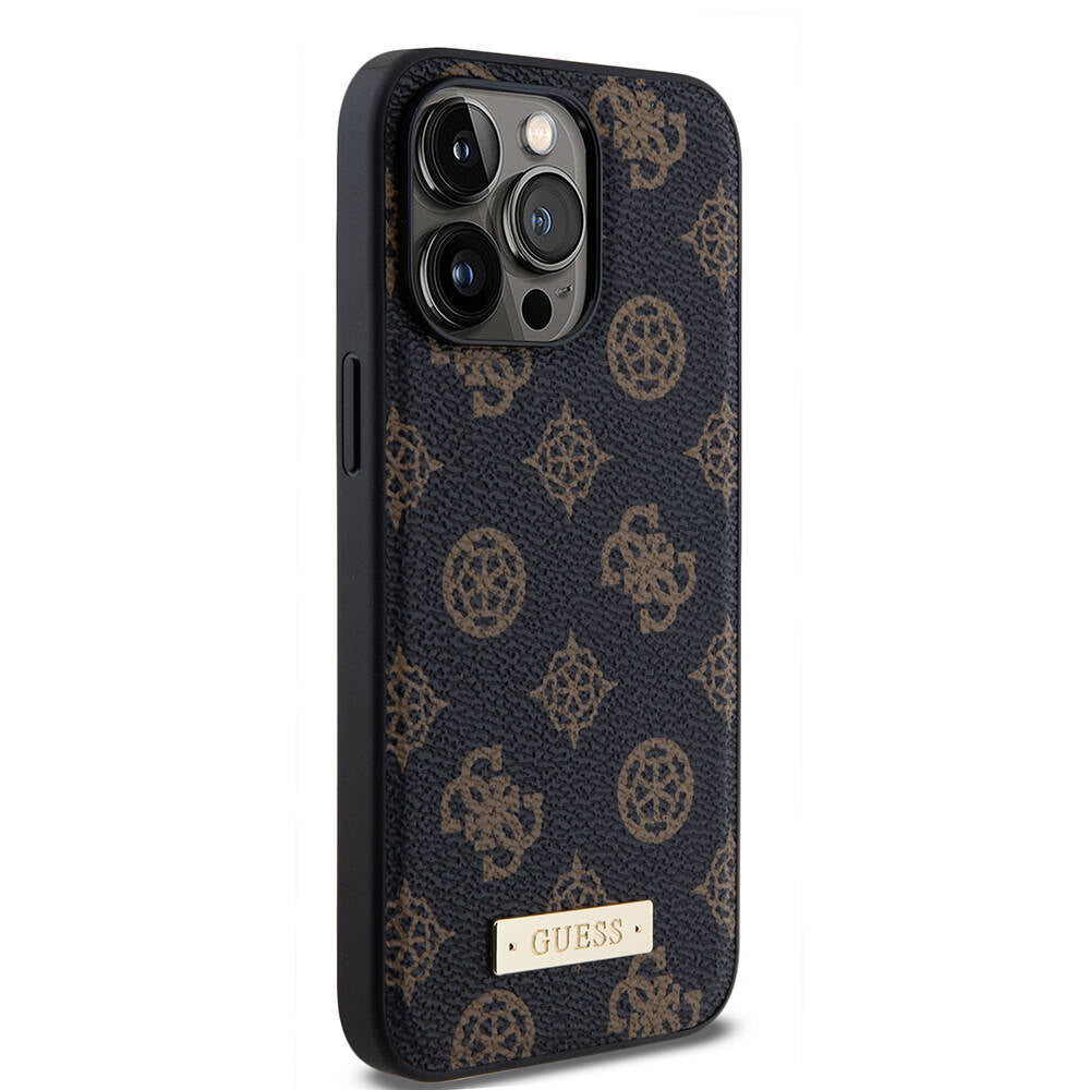 Apple iPhone 14 Pro Max Case Guess M-safe Charging Function PU Leather Patterned Metal Plate Logo Cover Black