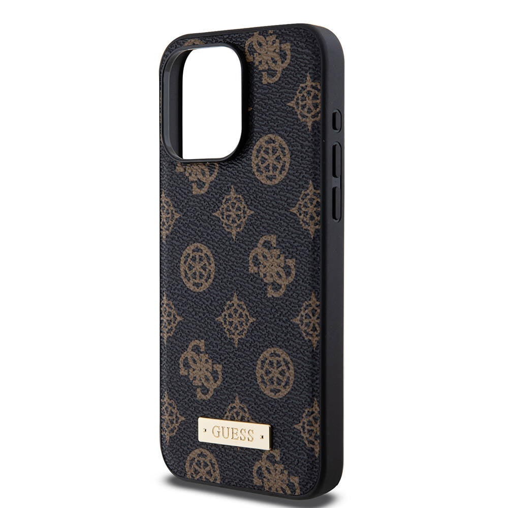 Apple iPhone 14 Pro Max Case Guess M-safe Charging Function PU Leather Patterned Metal Plate Logo Cover Black