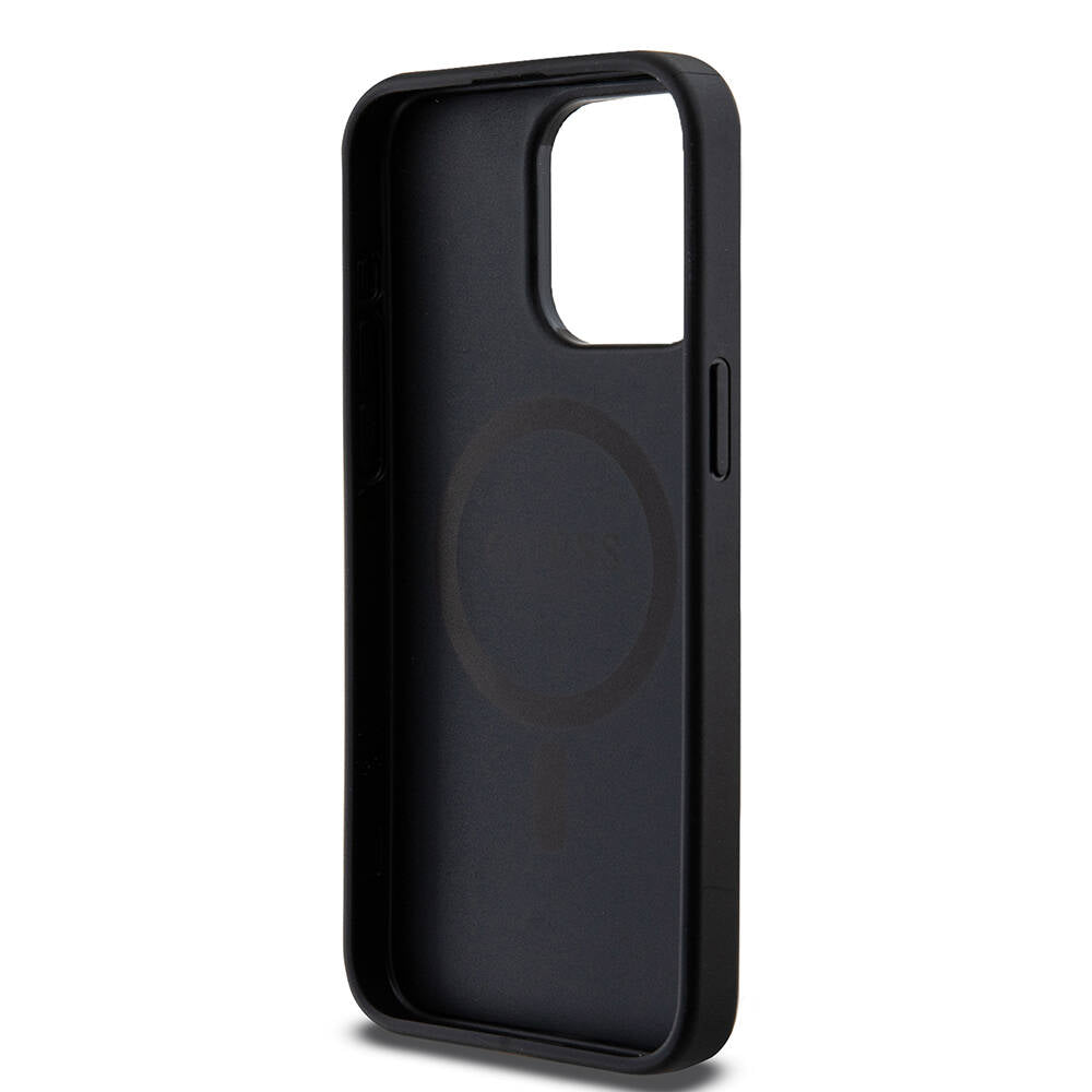 Apple iPhone 14 Pro Max Case Guess M-safe Charging Function PU Leather Patterned Metal Plate Logo Cover Black