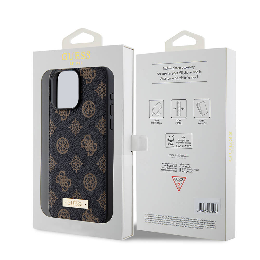 Apple iPhone 14 Pro Max Case Guess M-safe Charging Function PU Leather Patterned Metal Plate Logo Cover Black