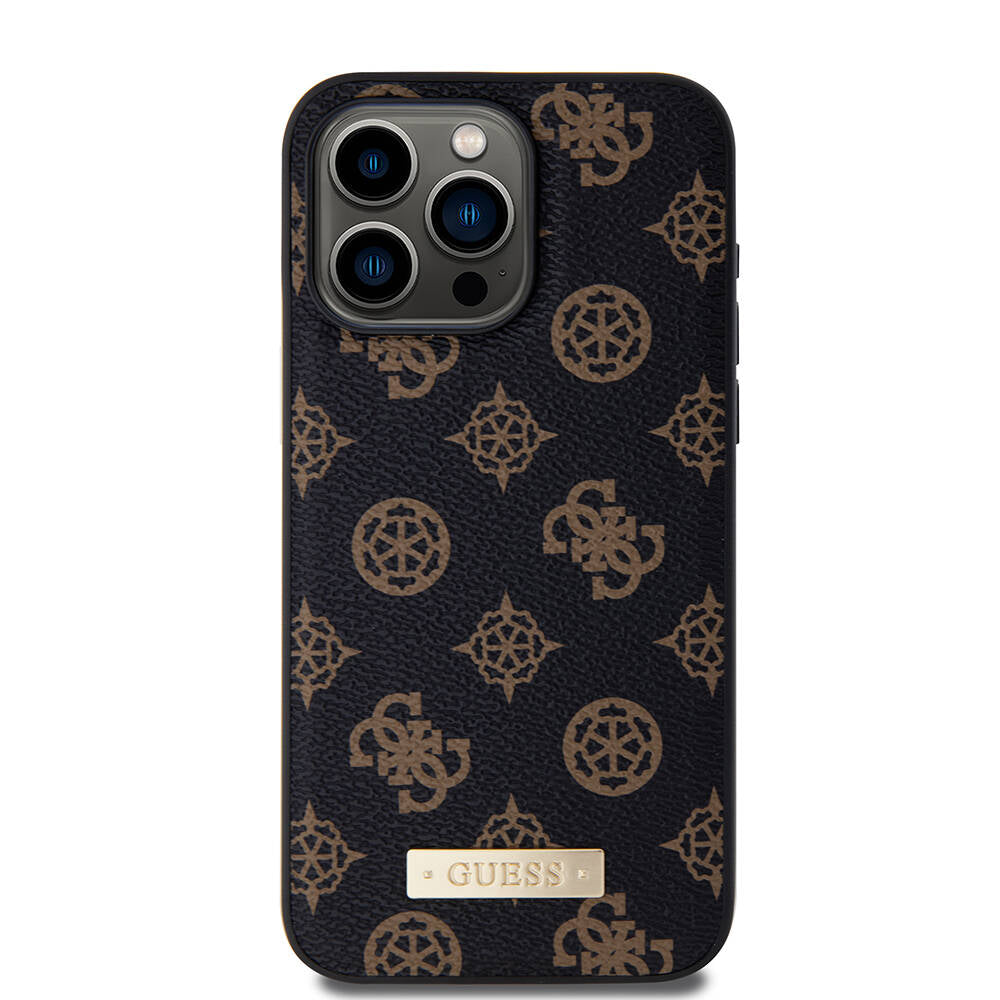 Apple iPhone 14 Pro Max Case Guess M-safe Charging Function PU Leather Patterned Metal Plate Logo Cover Black
