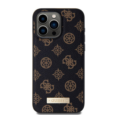 Apple iPhone 14 Pro Max Kılıf Guess M-safe Şarj Özellikli PU Deri Desenli Metal Plaka Logolu Kapak