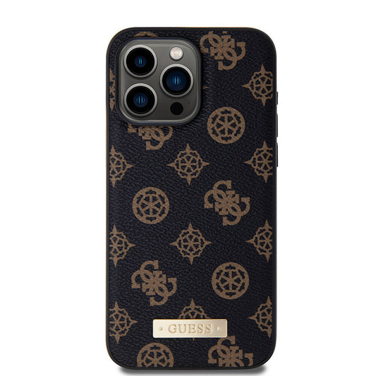 Apple iPhone 14 Pro Max Case Guess M-safe Charging Function PU Leather Patterned Metal Plate Logo Cover Black