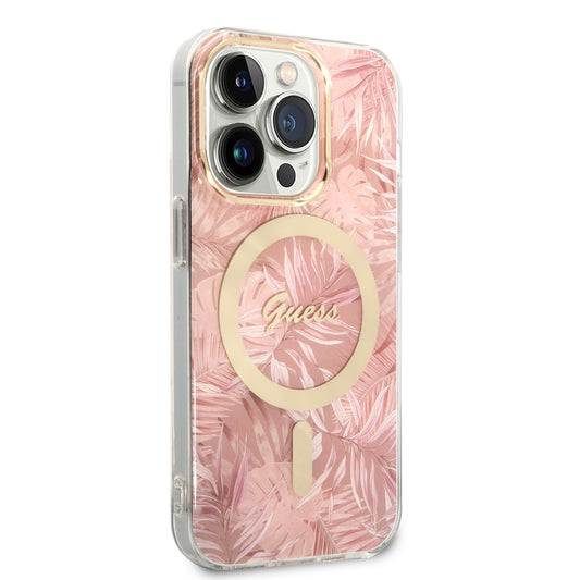 Apple iPhone 14 Pro Max Case GUESS M-Safe Charging Feature Leaf Pattern Cover with M-Safe Charging Cable Pink