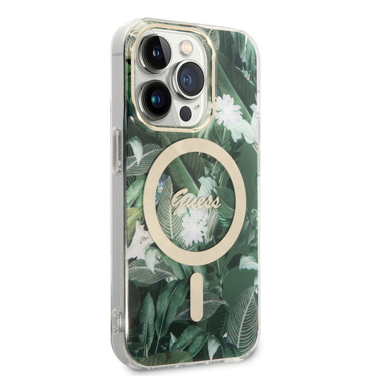 Apple iPhone 14 Pro Max Case GUESS M-Safe Charging Feature Leaf Pattern Cover with M-Safe Charging Cable Green