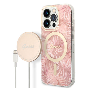 Apple iPhone 14 Pro Max Case GUESS M-Safe Charging Feature Leaf Pattern Cover with M-Safe Charging Cable Pink