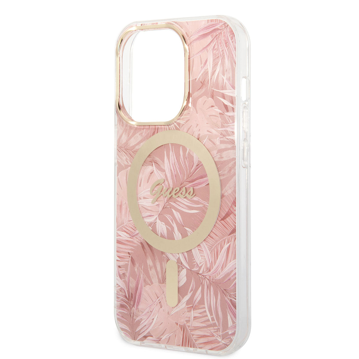 Apple iPhone 14 Pro Max Case GUESS M-Safe Charging Feature Leaf Pattern Cover with M-Safe Charging Cable Pink