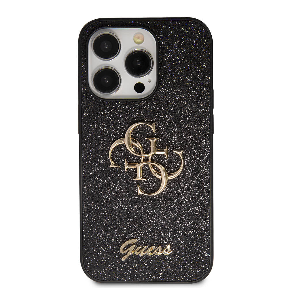 Apple iPhone 14 Pro Max Case Guess Original Licensed 4G Large Metal Logo Glitter Cover Black