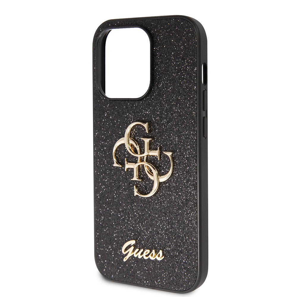 Apple iPhone 14 Pro Max Case Guess Original Licensed 4G Large Metal Logo Glitter Cover Black