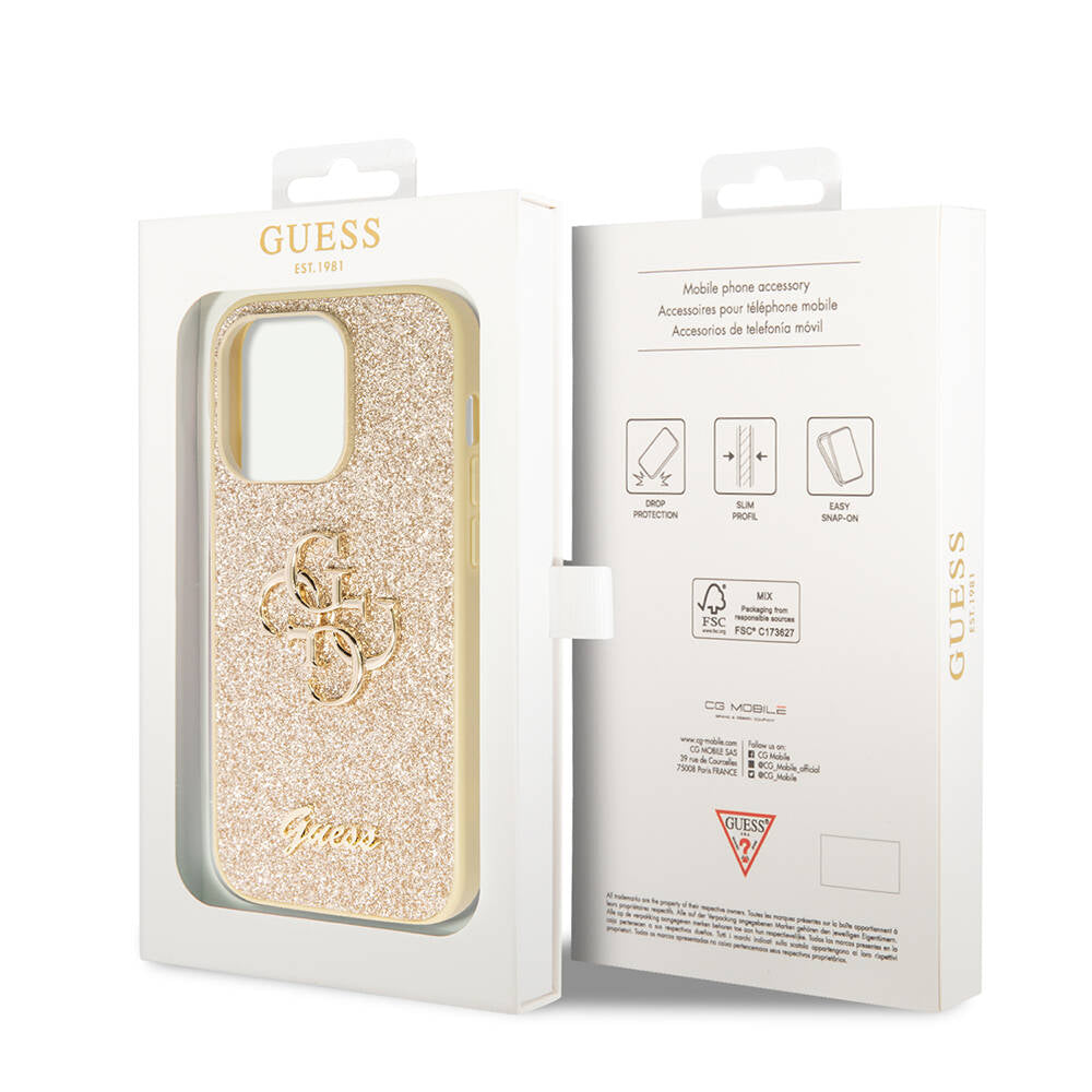 Apple iPhone 14 Pro Max Case Guess Original Licensed 4G Large Metal Logo Glitter Cover Pink