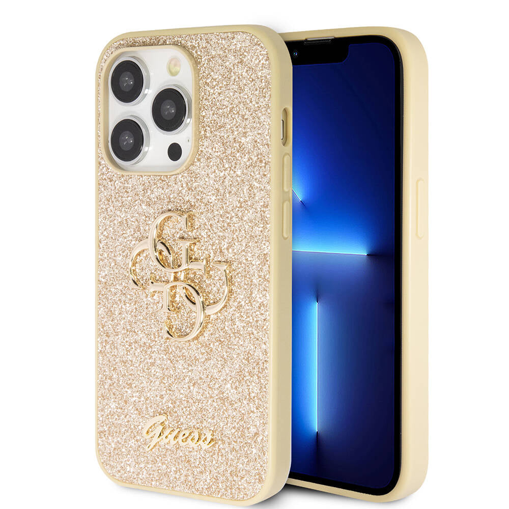 Apple iPhone 14 Pro Max Case Guess Original Licensed 4G Large Metal Logo Glitter Cover Gold