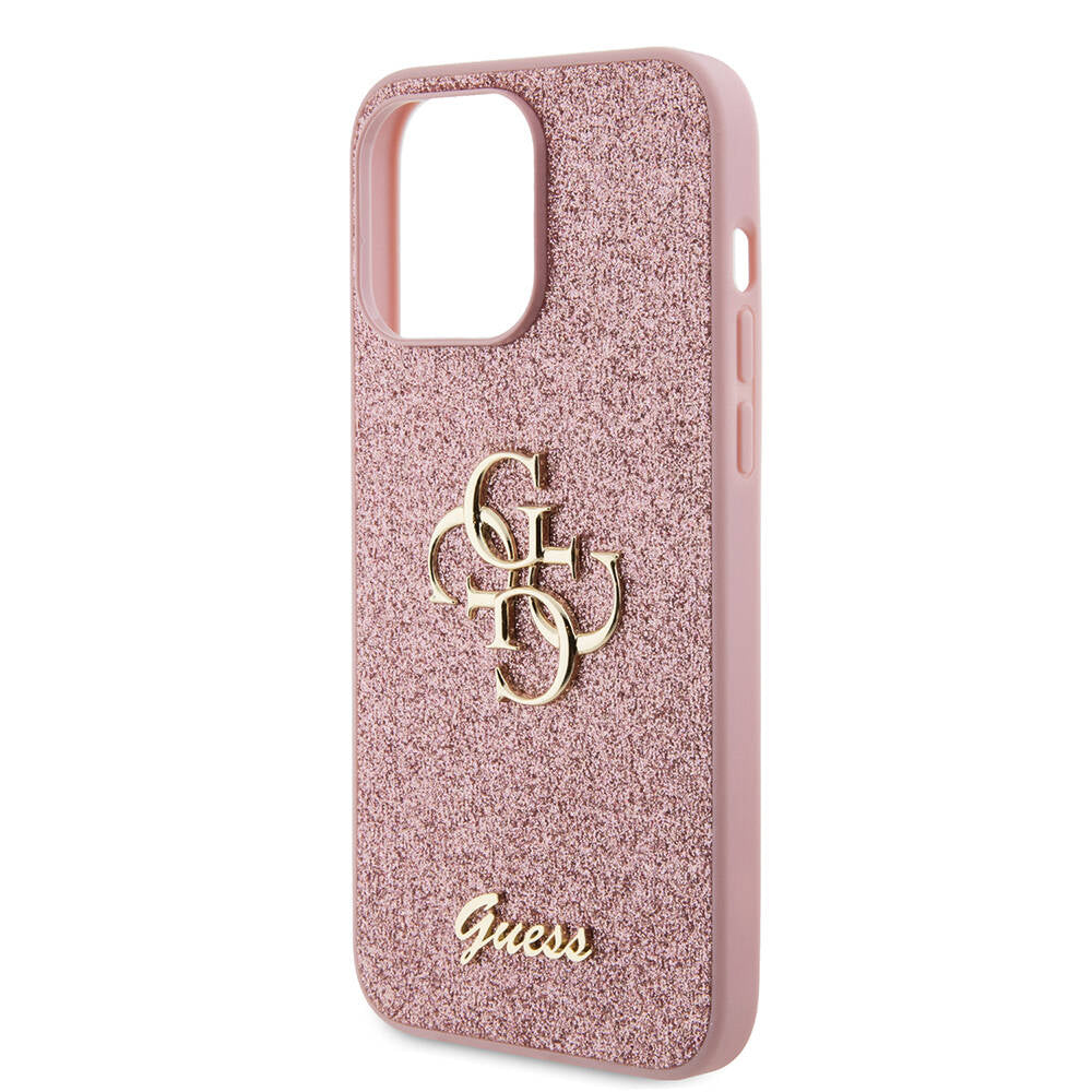 Apple iPhone 14 Pro Max Case Guess Original Licensed 4G Large Metal Logo Glitter Cover Pink