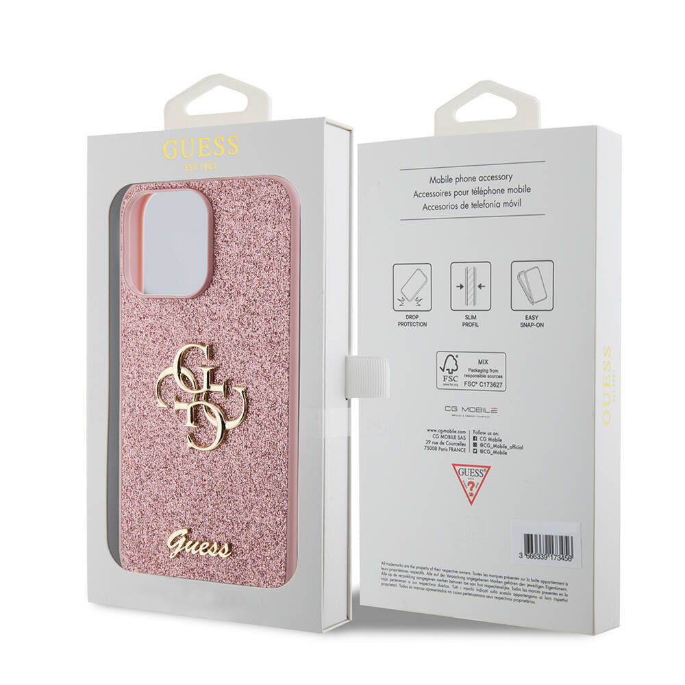 Apple iPhone 14 Pro Max Case Guess Original Licensed 4G Large Metal Logo Glitter Cover Pink