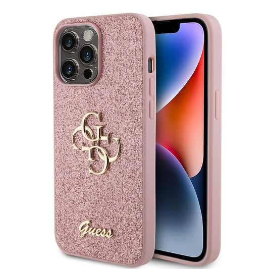 Apple iPhone 14 Pro Max Case Guess Original Licensed 4G Large Metal Logo Glitter Cover Pink