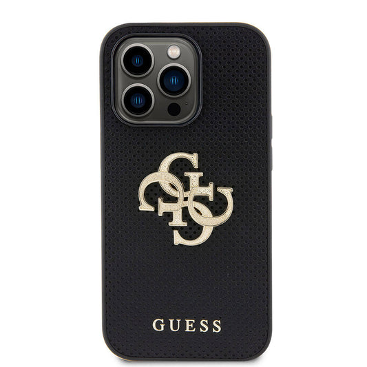 Apple iPhone 14 Pro Max Case Guess Original Licensed Perforated Text and 4G Glitter Large Metal Logo Cover Black