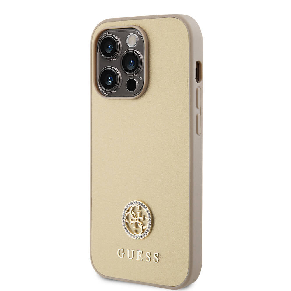 Apple iPhone 14 Pro Max Case Guess Original Licensed Leather 4G Metal Logo Strass Cover Gold