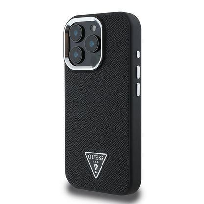 Apple iPhone 14 Pro Max Kılıf Guess Orjinal Lisanslı M-safe Şarj Özellikli Grained Triangle Kapak Kahverengi