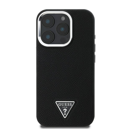 Apple iPhone 14 Pro Max Kılıf Guess Orjinal Lisanslı M-safe Şarj Özellikli Grained Triangle Kapak Kahverengi