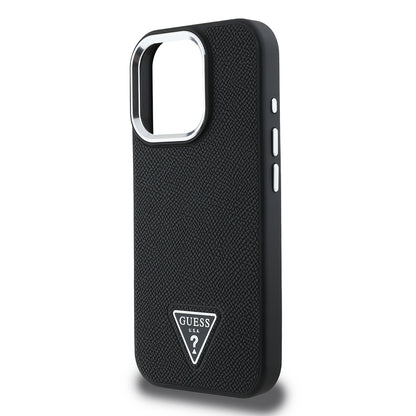 Apple iPhone 14 Pro Max Kılıf Guess Orjinal Lisanslı M-safe Şarj Özellikli Grained Triangle Kapak Kahverengi
