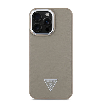 Apple iPhone 14 Pro Max Kılıf Guess Orjinal Lisanslı M-safe Şarj Özellikli Grained Triangle Kapak Kahverengi