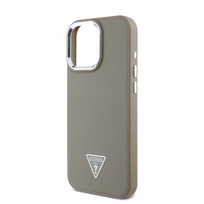 Apple iPhone 14 Pro Max Kılıf Guess Orjinal Lisanslı M-safe Şarj Özellikli Grained Triangle Kapak Kahverengi