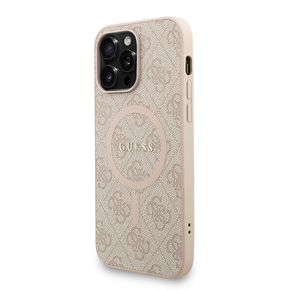 Apple iPhone 14 Pro Max Kılıf Guess Orjinal Lisanslı M-safe Şarj Özellikli PU Deri Bilek Askı İpli Yazı Logolu Kapak Pembe